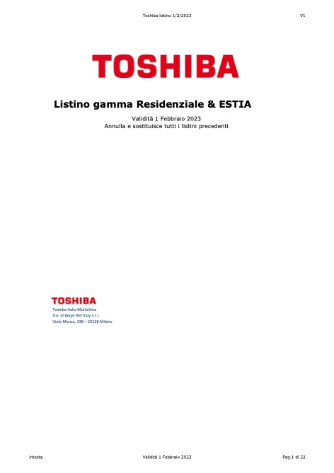 Toshiba Italia Multiclima - Listino prezzi Gamma Residenziale & Estia